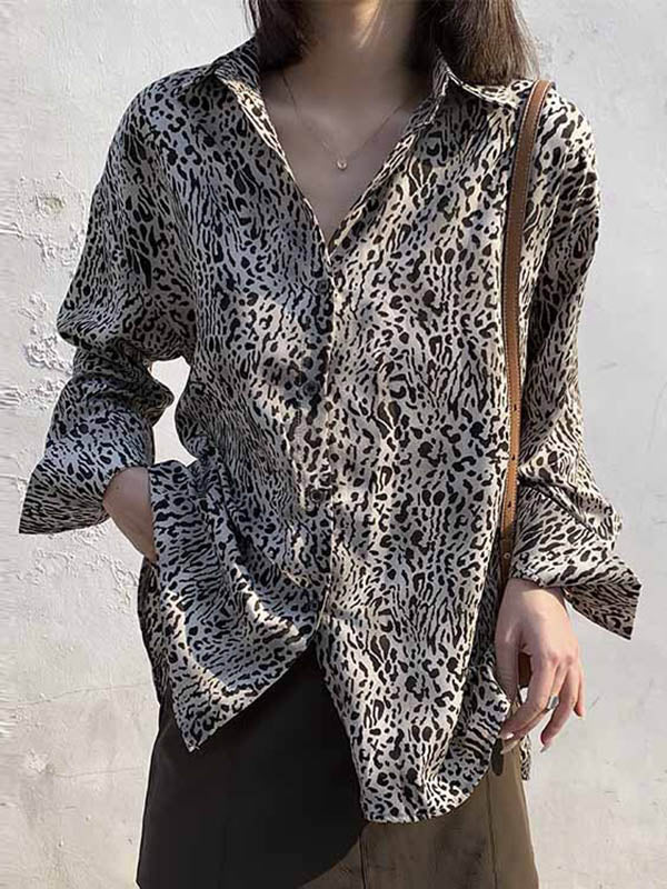 Stylish Leopard Buttoned Lapel High-Low Long Sleeves Blouse Tops