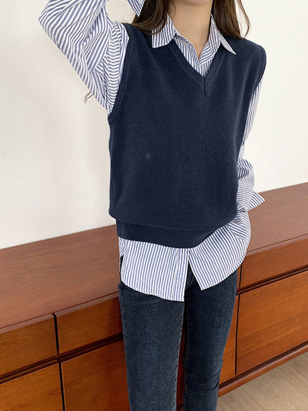 Simple Striped Buttoned Lapel High-Low Long Sleeves Blouse Tops