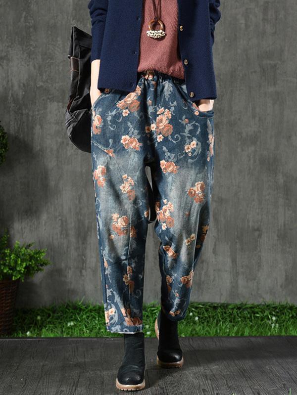 Vintage Denim Floral Harem Pants