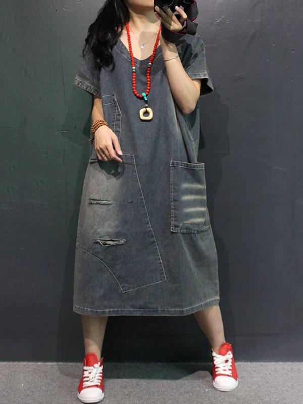 Retro Jean V-neck Dress