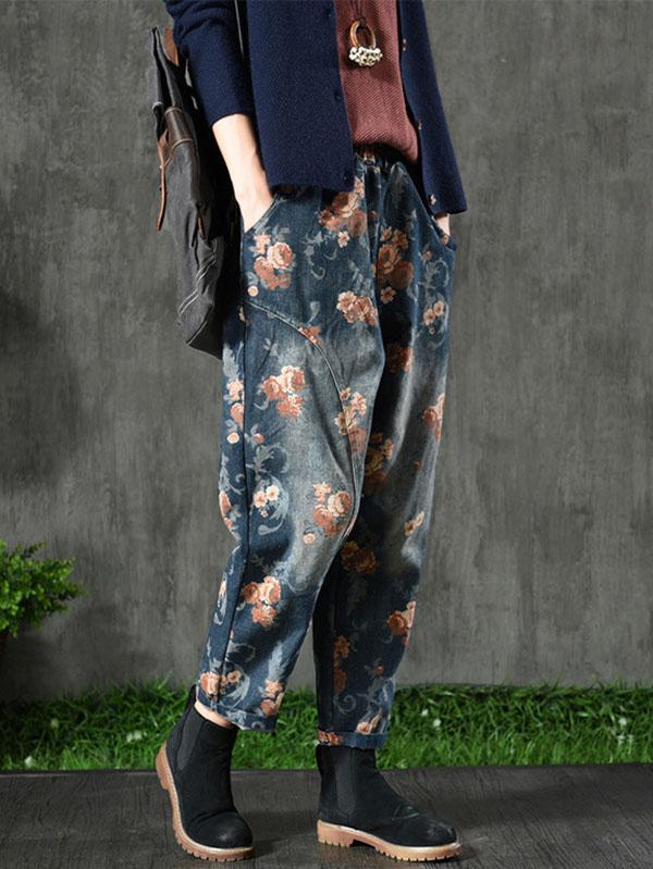 Vintage Denim Floral Harem Pants