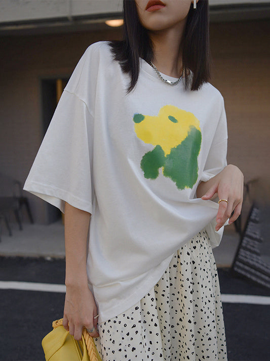 Oversized Contrast Color Dog Printed T-Shirt