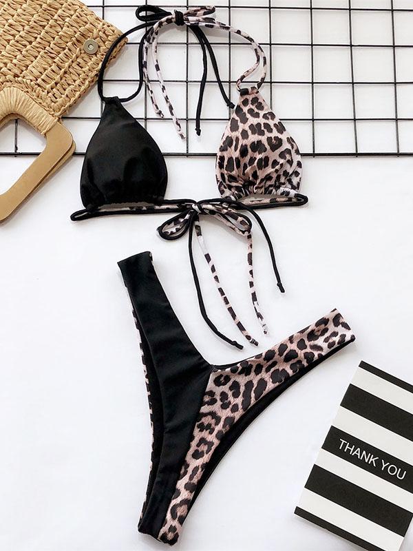 Leopard Stitching Halter Bikini Swimsuit