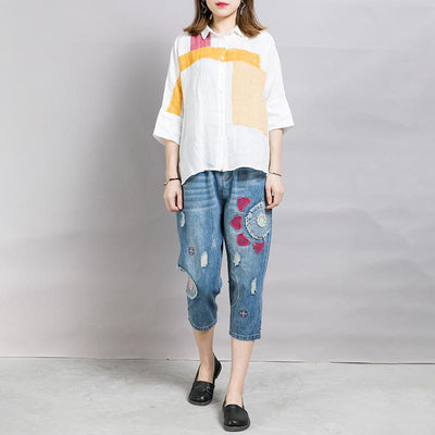 Casual Appliques Frayed Light Blue Jeans