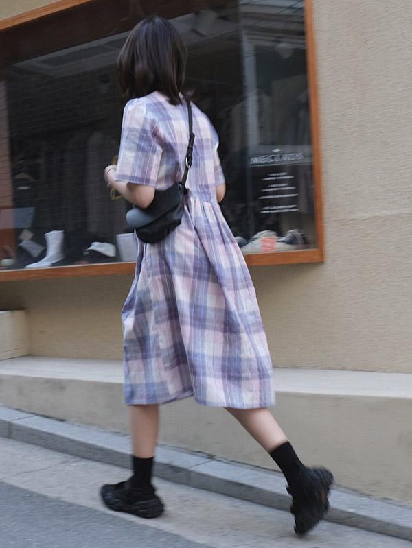 Vintage Plaid Puff Sleeves Dress