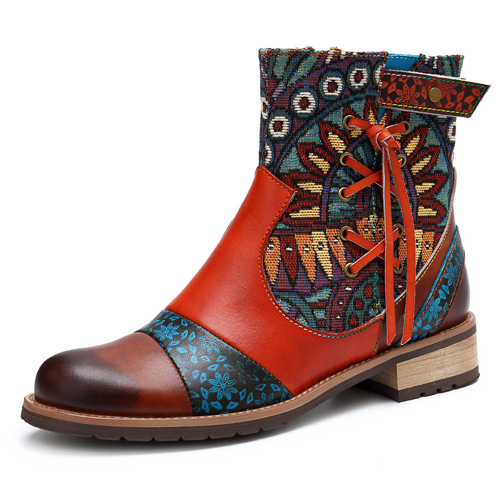 Printed leather midheel jeans boots