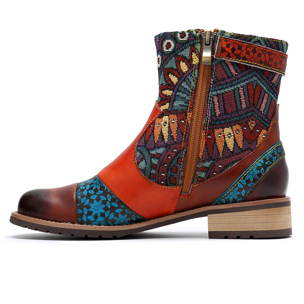 Printed leather midheel jeans boots