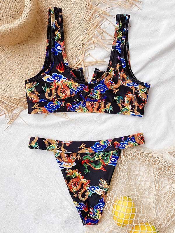 Chinese Style Printing U-Neck Split Bikini Swimsuit