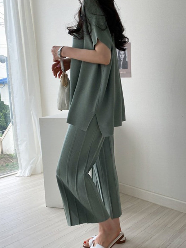 Casual Solid Color Split-Side Round-Neck Batwing Short Sleeves T-Shirt+Pleated Wide Leg Pants 2 Pieces Set