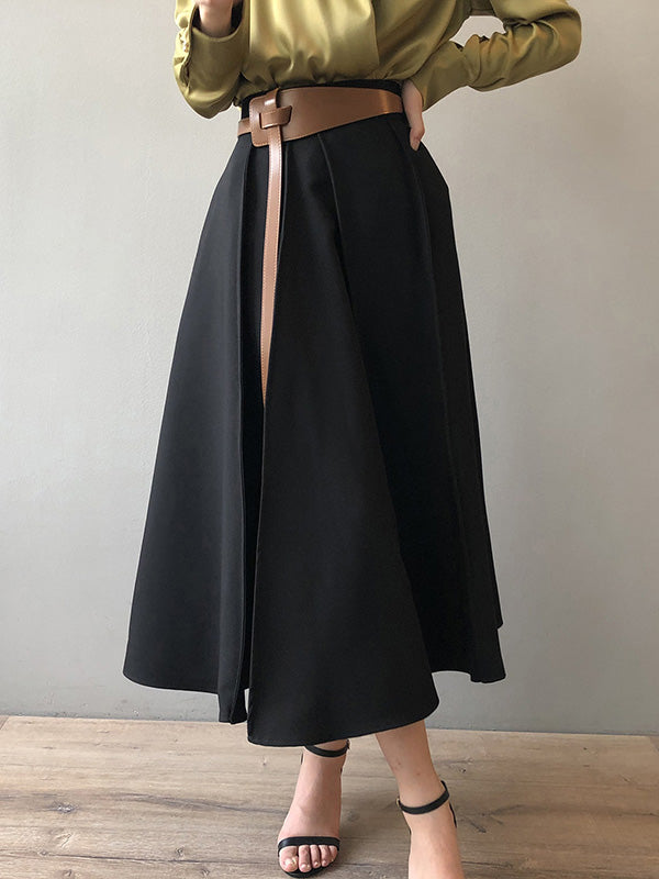 Simple Loose Solid Color Pleated A-Line High-Waist Long Skirt