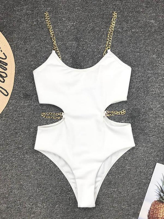 Solid Color Chain-Embellished One-Piece Swimwear