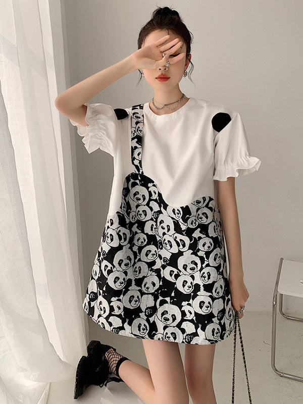 Original Stylish Falbala Split-Joint Panda Printed Round-Neck Bishop Sleeves T-Shirt Mini Dress