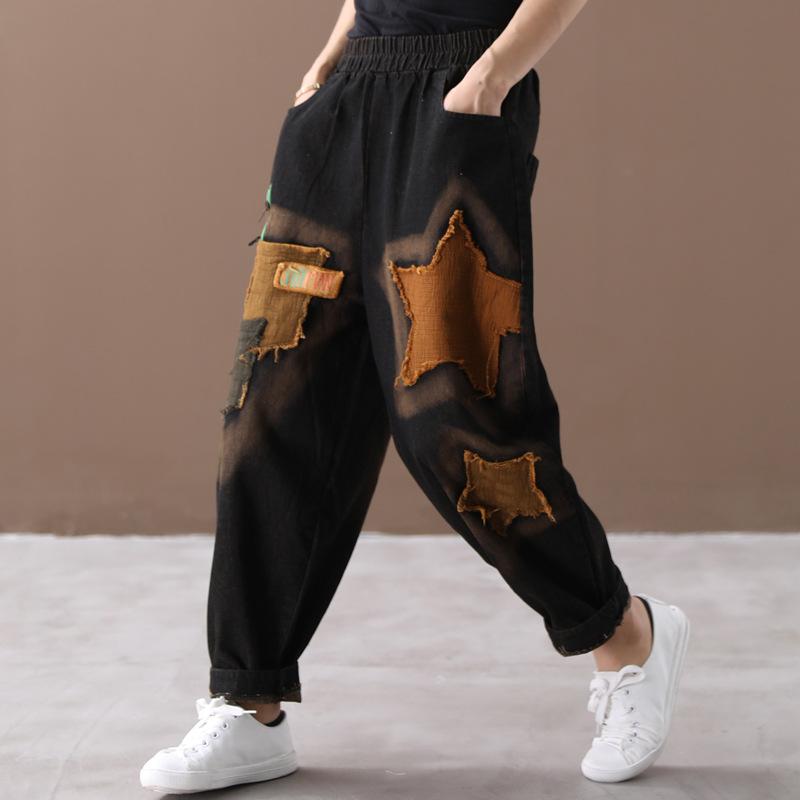 Buykud Applique Stars Retro Casual Loose Harem Jeans