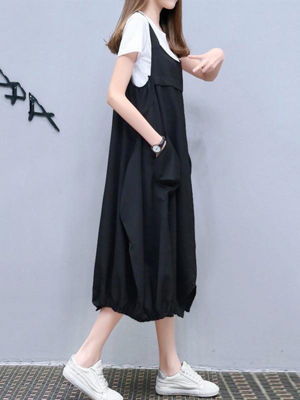 Loose Oversize White T-Shirt + Split-front Braces Dress