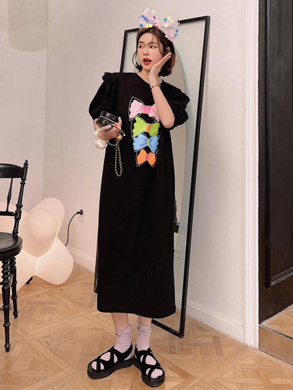 Original Split-Side Printing Puff Sleeve Midi Dress