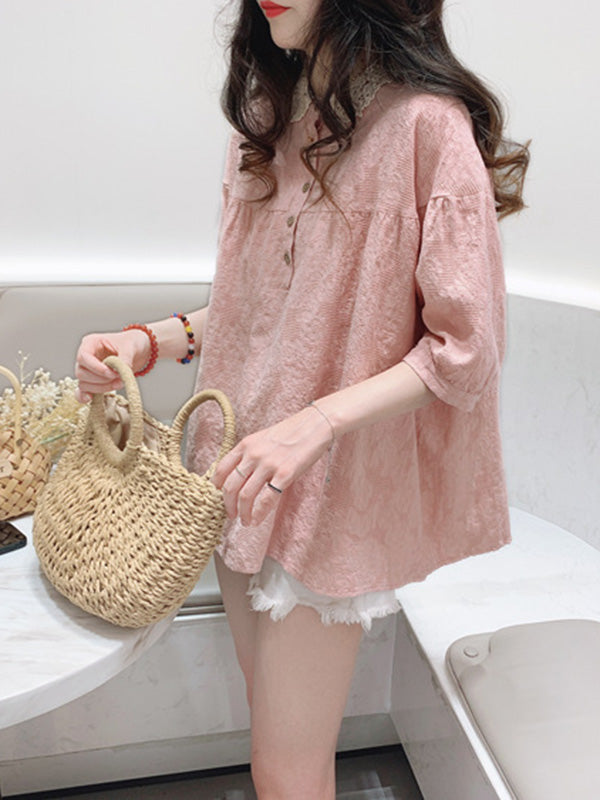 Casual Lace Ramie Cotton Embroidered Split-Joint Round Neck T-Shirt