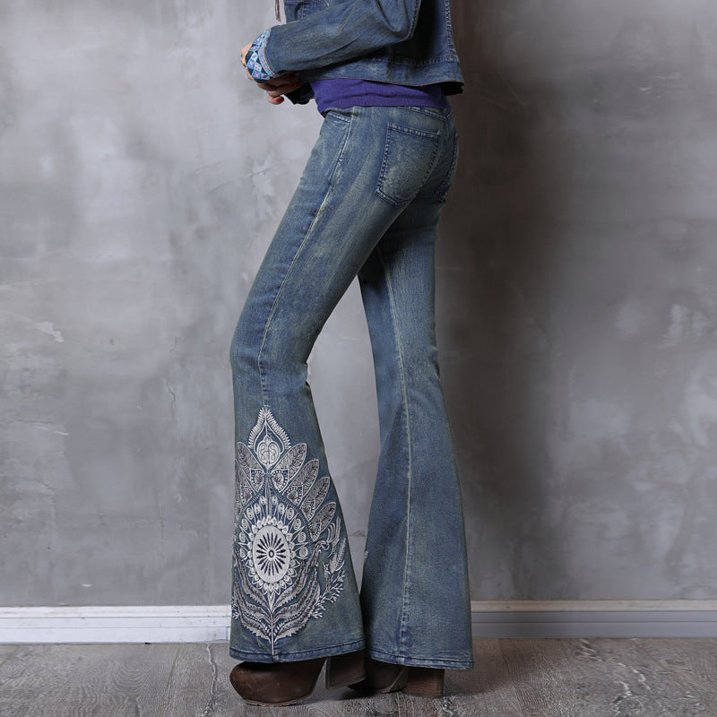 Vintage Fashion Denim Trousers Flare Pants Boho Floral Embroidery Denning Jeans