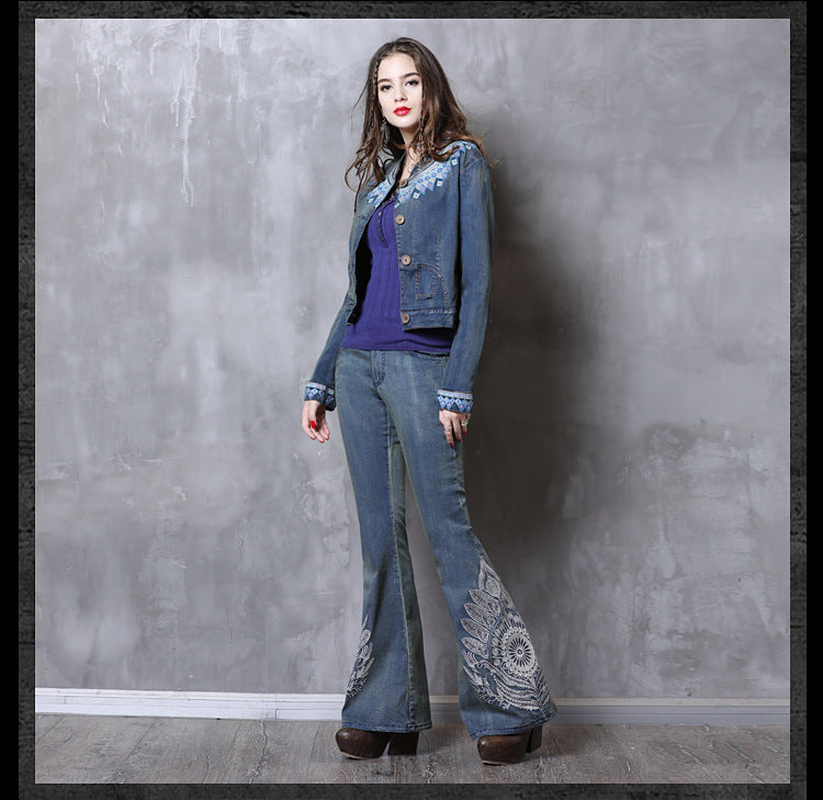 Vintage Fashion Denim Trousers Flare Pants Boho Floral Embroidery Denning Jeans