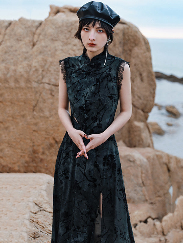 Vintage Hollow Mesh Lace Embroidered Split-Side Stand Collar Sleeveless Cheongsam Dress