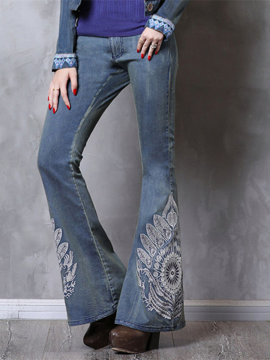 Vintage Fashion Denim Trousers Flare Pants Boho Floral Embroidery Denning Jeans