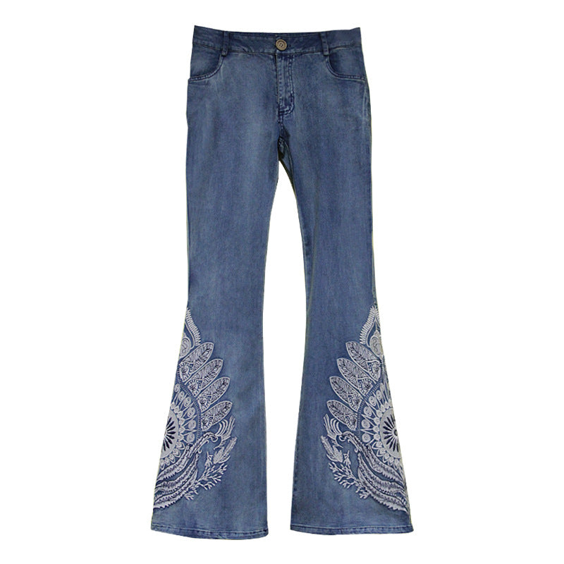 Vintage Fashion Denim Trousers Flare Pants Boho Floral Embroidery Denning Jeans