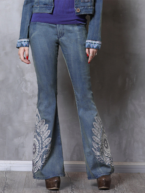 Vintage Fashion Denim Trousers Flare Pants Boho Floral Embroidery Denning Jeans