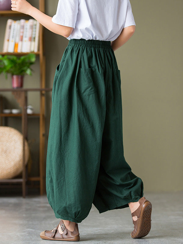 Simple Loose Linen Solid Color Pleated Drawstring Wide Legs Knickerbockers