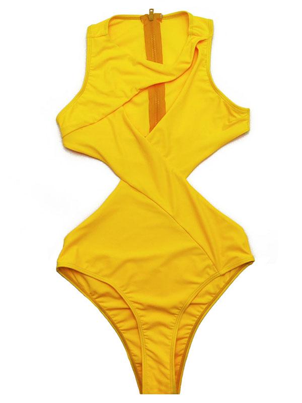 Bandage Plain Yellow One-piece Swimwear