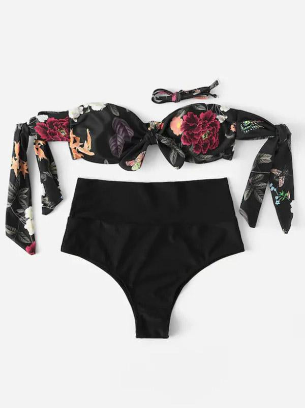 Sexy Strapless Knotted Printing Split Type Bikini Swimsuit