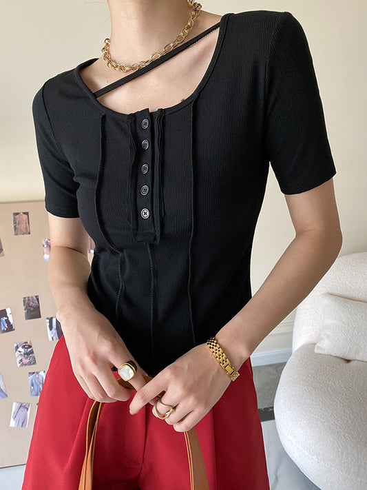 Original Stylish Solid Color Buttoned Skinny T-Shirt Top