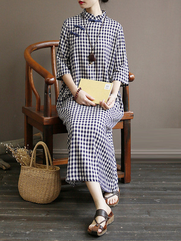 Original Plaid Half Sleeve Stand Collar Long Cheongsams