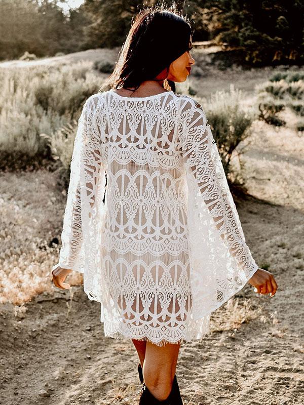 Full Lace Embroidered Flared Sleeve Hollow Vacation Beach Cover-Ups