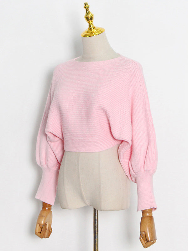 Casual Solid Color Round-Neck Bishop Sleeve Sweater Tops