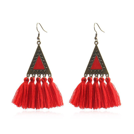 Exaggerated fashion long national wind wool tassel pendant earrings