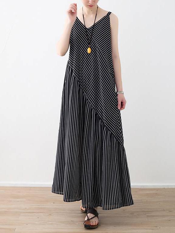 Loose Striped Split-joint Wide-leg Sleeveless V-neck Jumpsuits