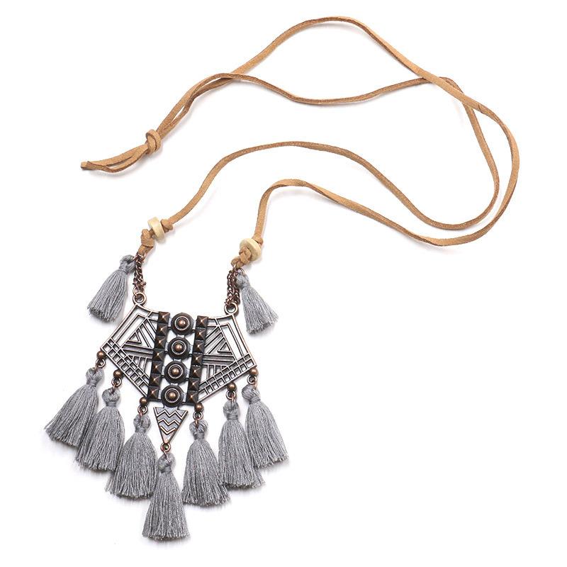 Openwork RetroTassel Geometric Pendant Necklace