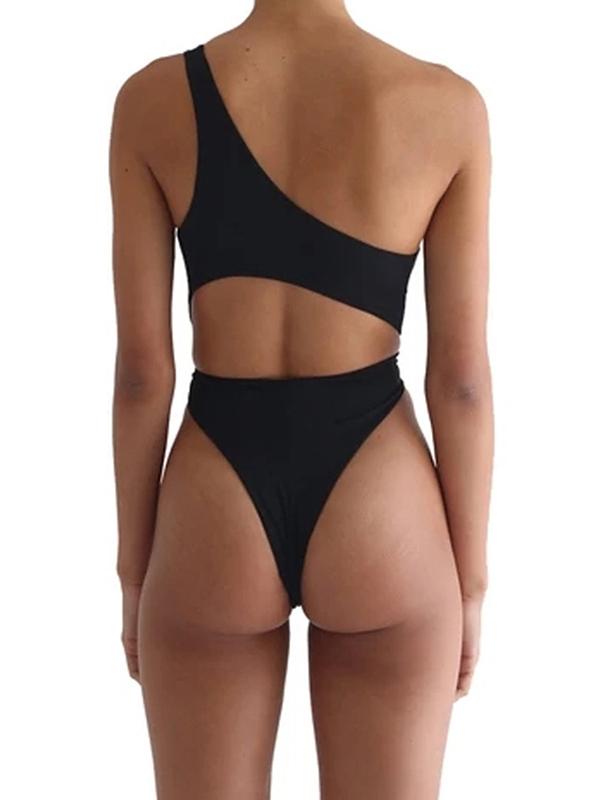 Solid Color One-Shoulder One-Piece Swimsuit