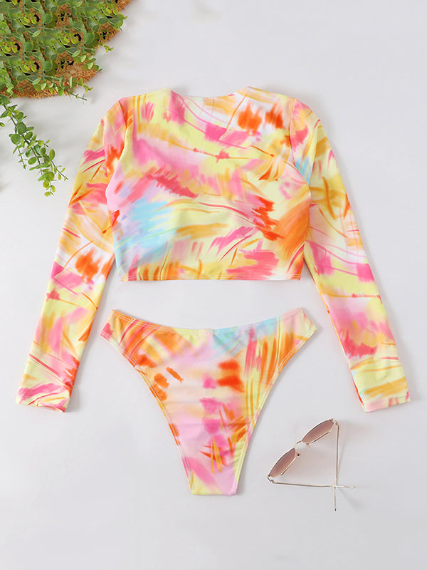 Tie-Dyed Long Sleeves Bikini Swimsuit