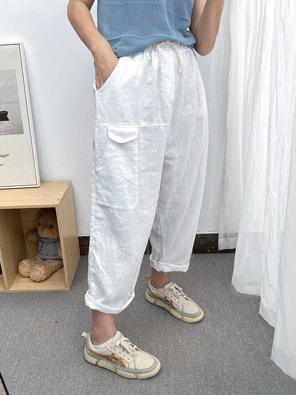 Simple Casual Loose Ramie Cotton Solid Color Drawstring Harem Pants