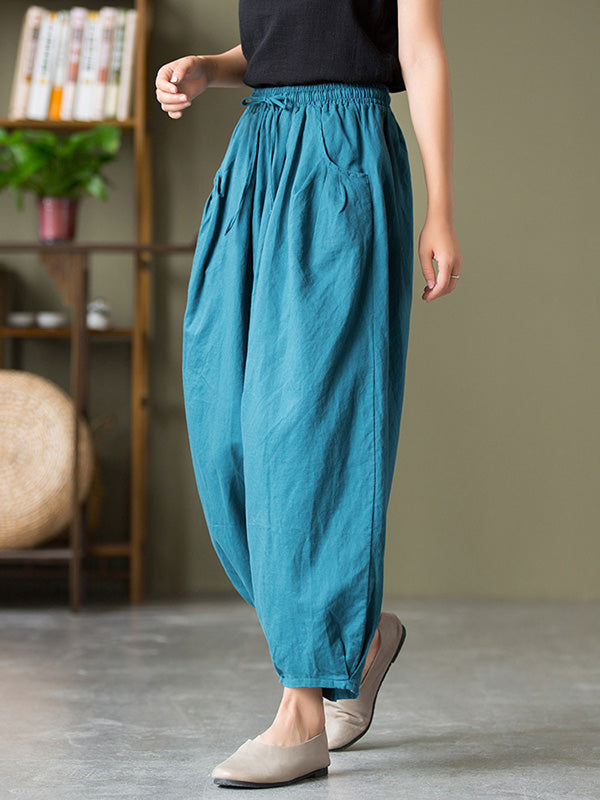 Simple Casual Loose Linen Solid Color Pleated Drawstring Knickerbockers