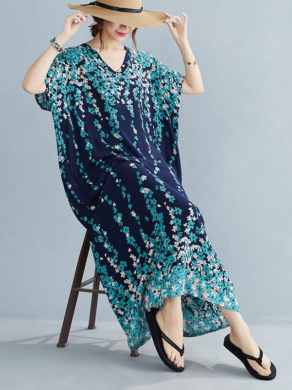 Original Floral Printed Loose V-Neck Batwing Sleeves Maxi Dress