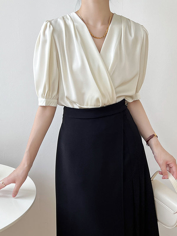 Office V-Neck Half Sleeves Solid Color Blouse