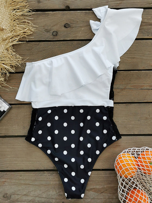 Polka Dot Bow-Embellished Falbala One Shoulder One-Piece Swimsuit