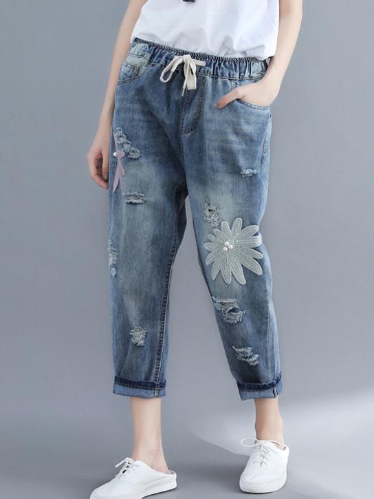 Loose Embroidered Jean Pants