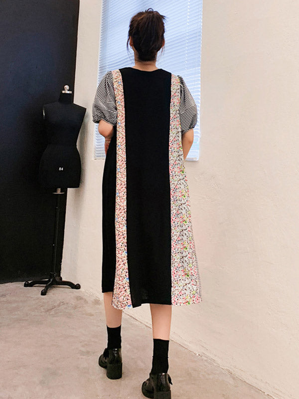 Original Split-Joint Letter Print Puff Sleeve Midi Dress