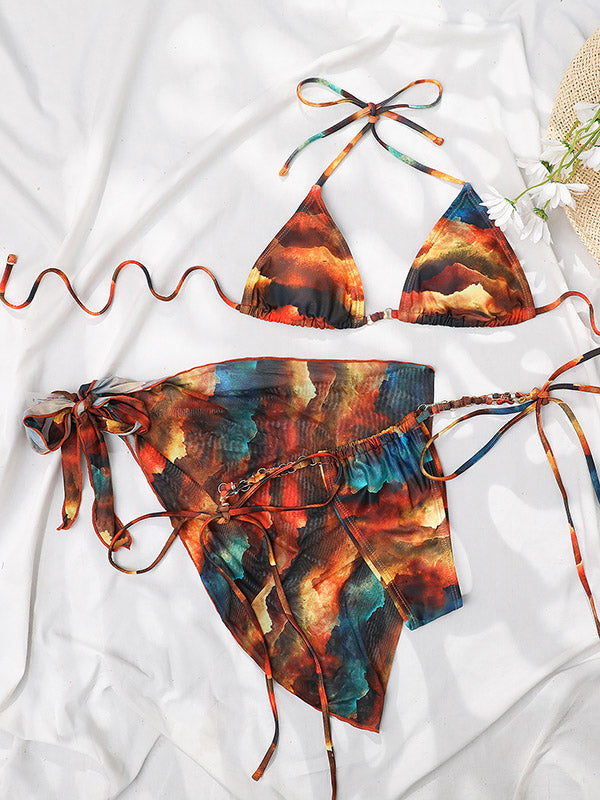 Triangle Gradient Floral Printed Lace-Up Bikini Swimwear+Cover-Ups Three-Pieces Set