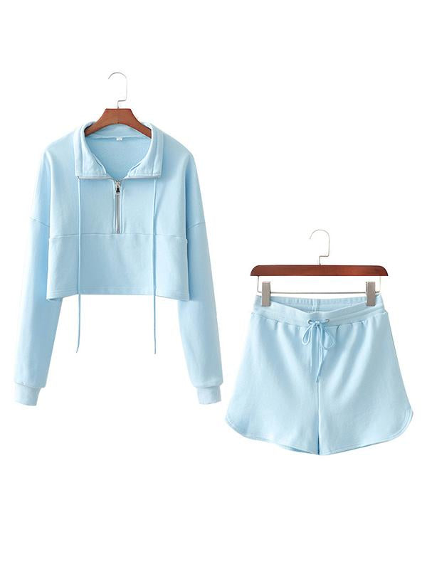 Solid Color Loose Zipper Sweatshirt&Shorts Suits