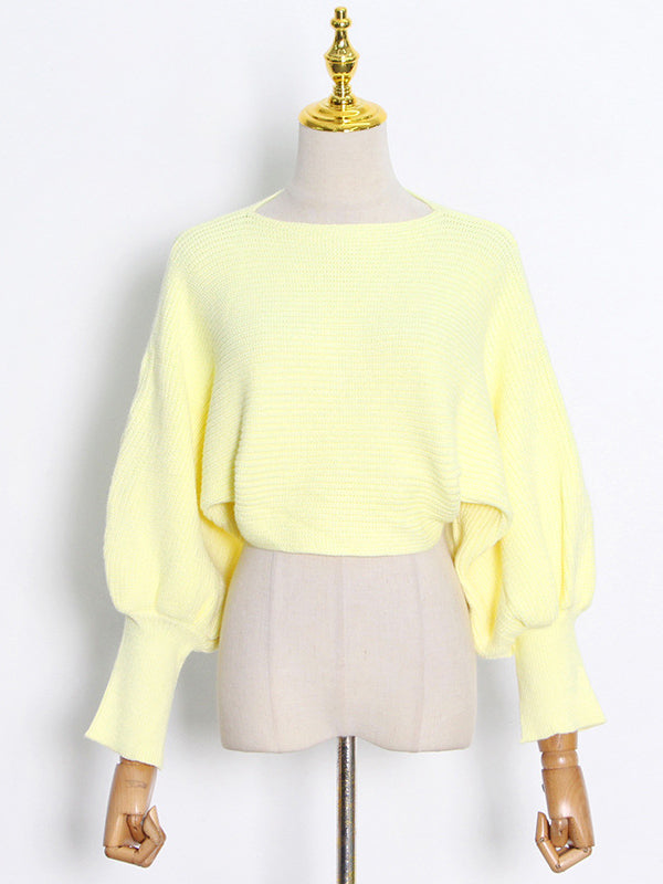 Casual Solid Color Round-Neck Bishop Sleeve Sweater Tops