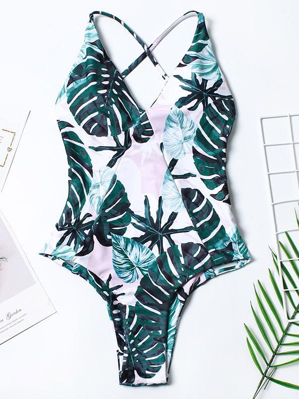 Leaves Printed One-piece Swimwear