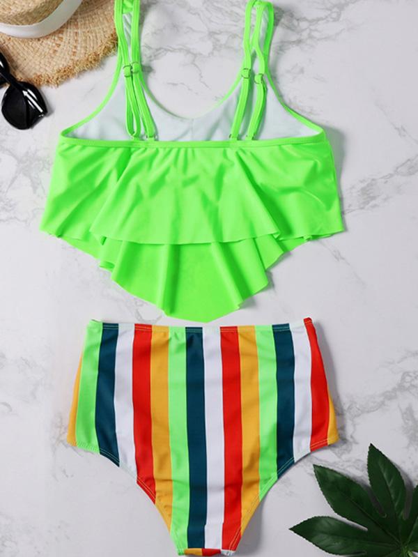 Plain Ruffle Top With Stripe Panty Bikini Set